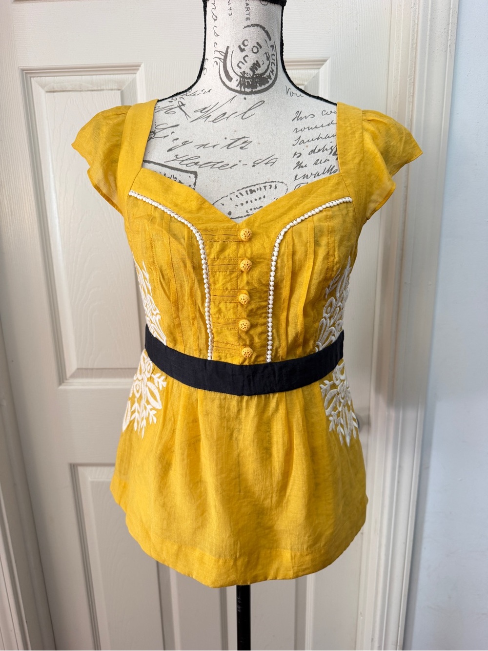 Anthropologie Yellow Embroidered Scoop-Neck Blouse